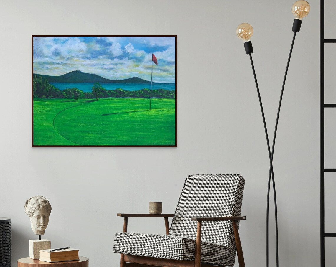 Golf Course Green Red Flag Lakeside Mountains Landscape Sports Poster - Image 4