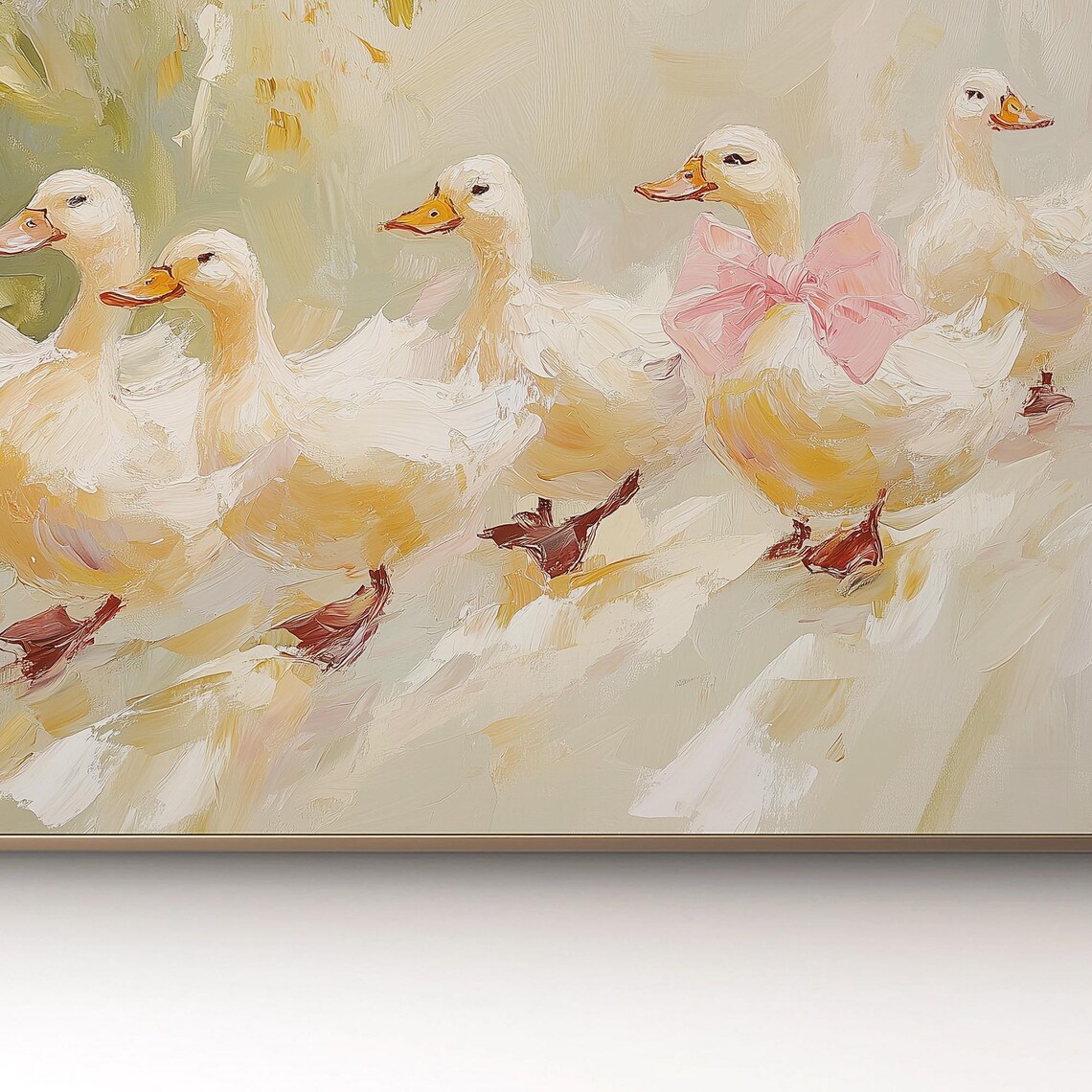 White Ducks Pink Bow Duck Family Spring Oil Painting Wall Art - Image 2