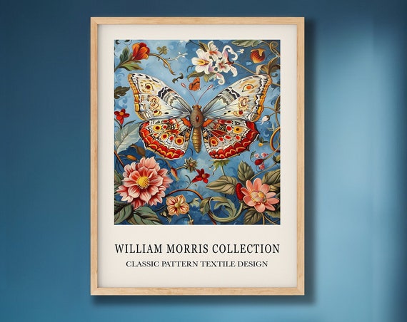 William Morris Butterfly Print Nature Inspired Arts Crafts Movement Vintage Fine Art Botanical Blue Wall Decor Antique Reproduction Poster