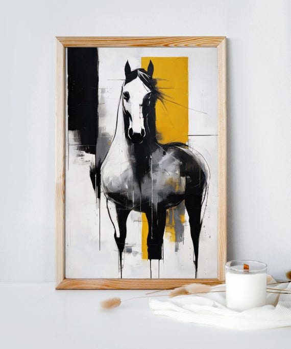 Abstract Horse Art Black White Gold Equine Decor