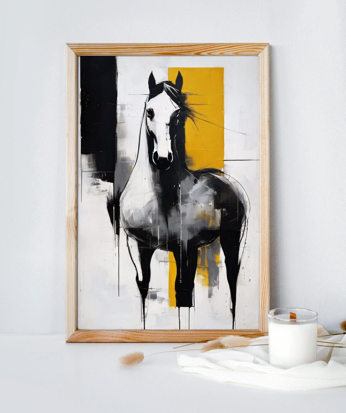 Abstract Horse Art Black White Gold Equine Decor