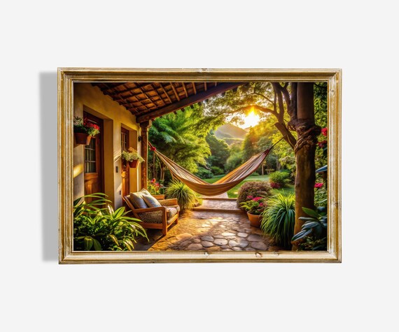Sunlit Tropical Veranda Hammock Garden Stone Patio Relaxing Poster