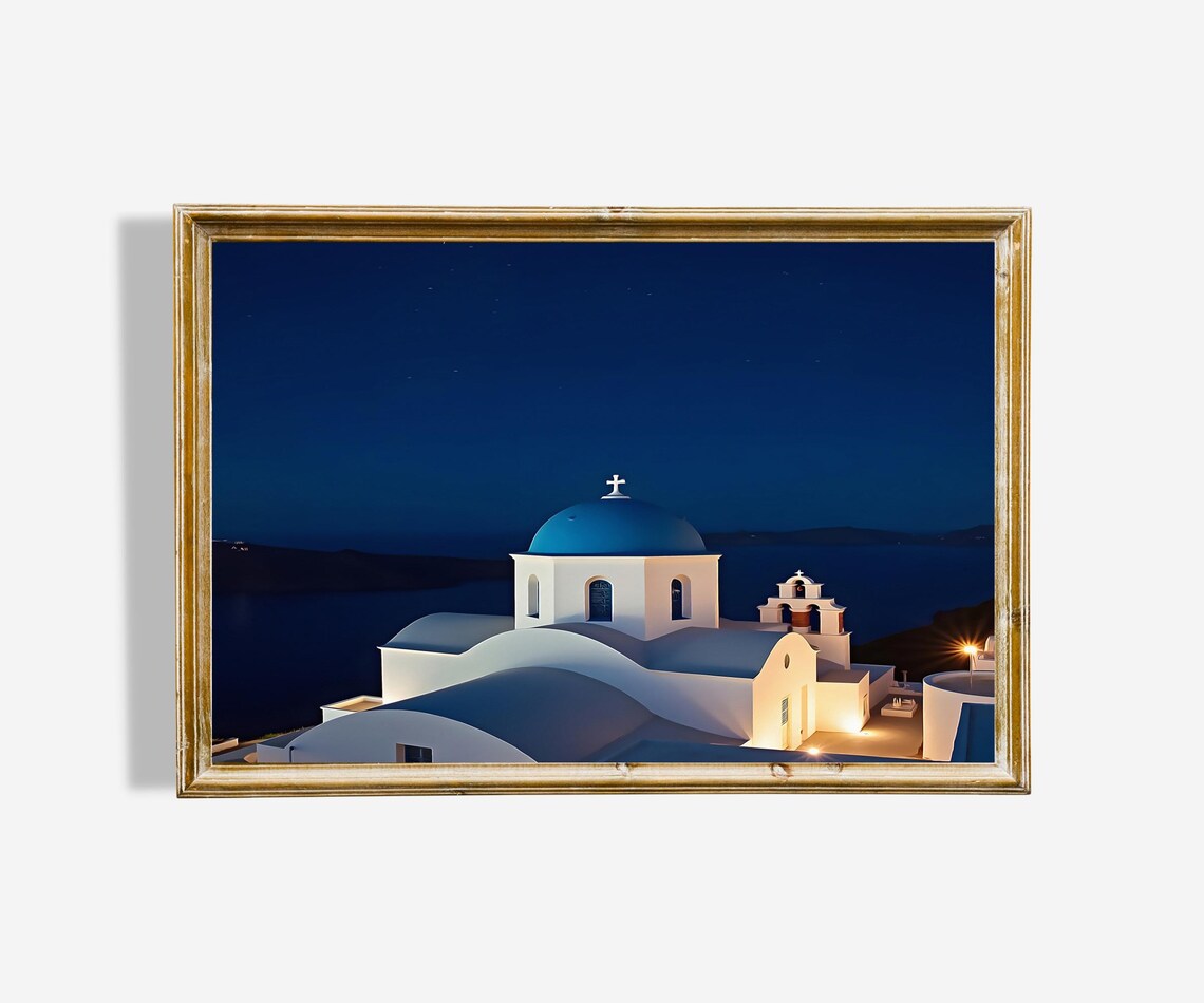 Santorini Greece Starry Night Oil Painting, Art Print