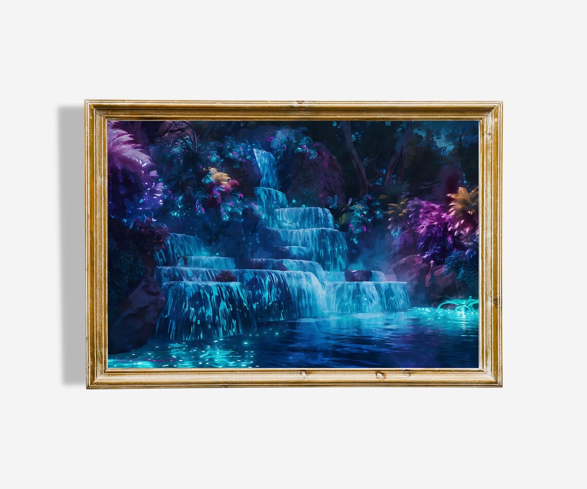 Tranquil Falls Bioluminescent Flora Waterfall Art Print