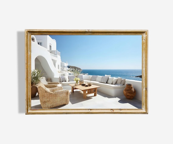 Greek Island Terrace Sea View Whitewashed Patio Summer Art Poster