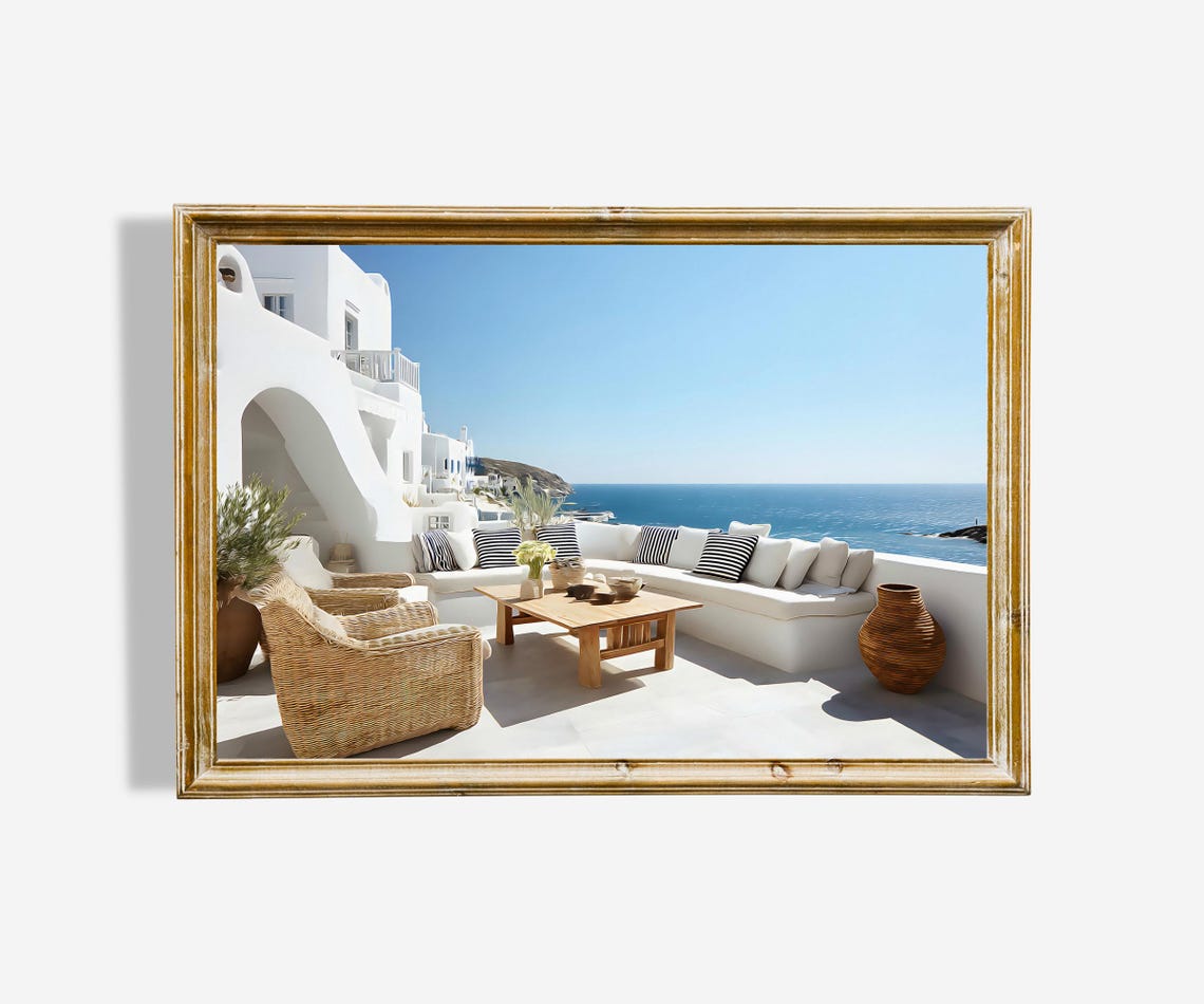 Greek Island Terrace Sea View Whitewashed Patio Summer Art Poster