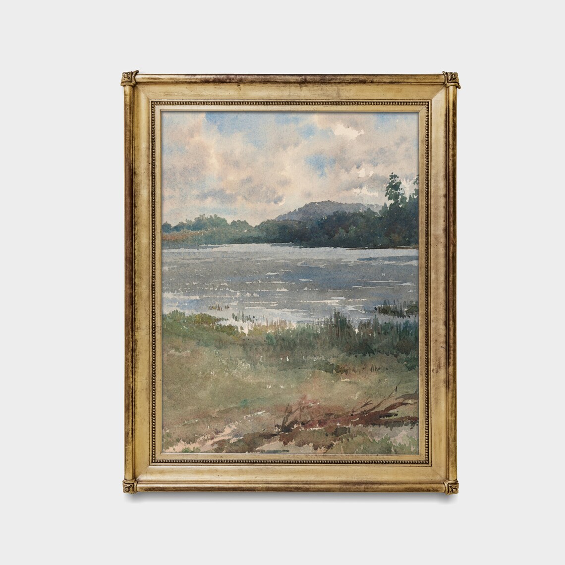 Calm Lake with Reeds and Distant Hills Watercolor Landscape Poster - Image 2