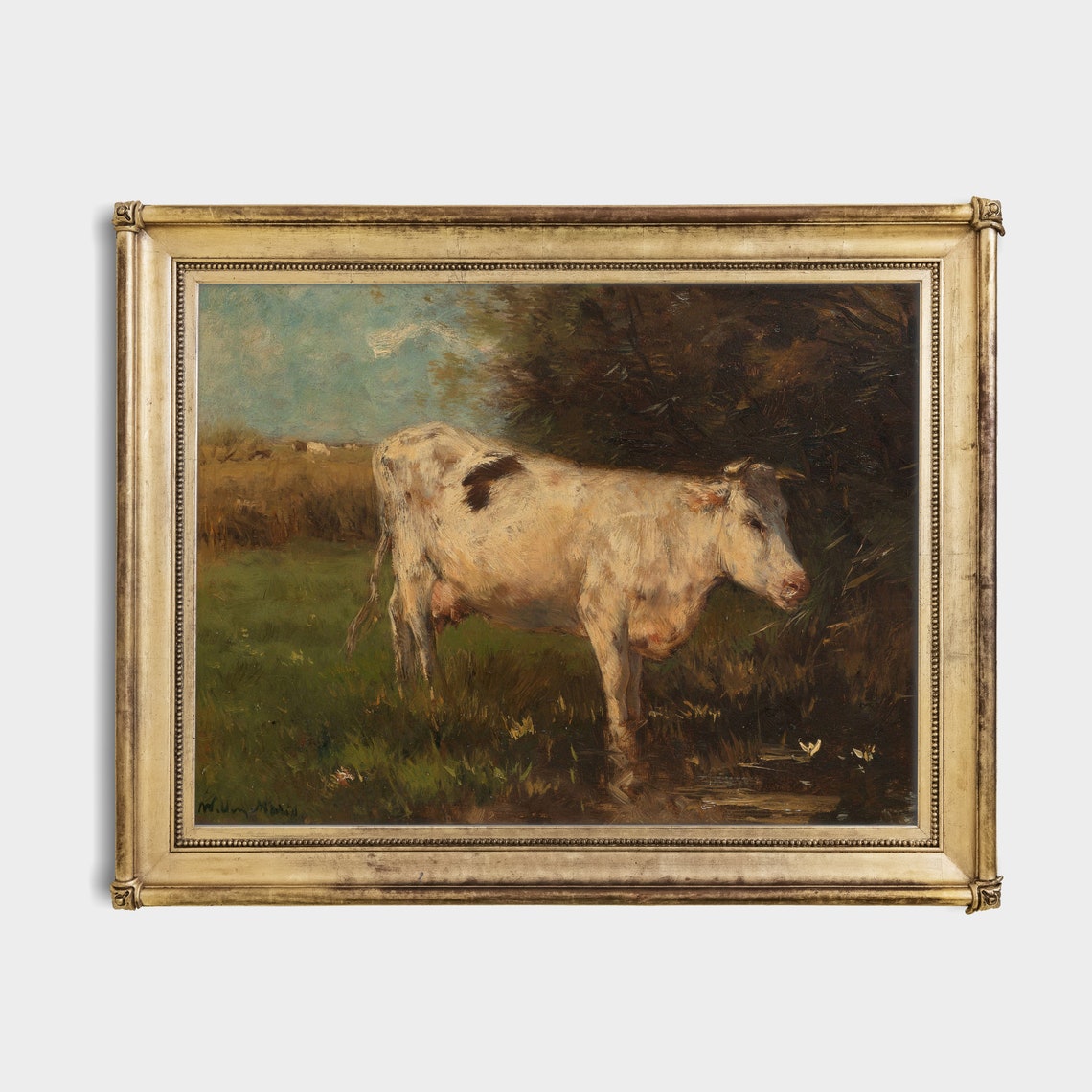 White Cow By A Meadow Stream Vintage Pastoral Painting Poster - Image 2