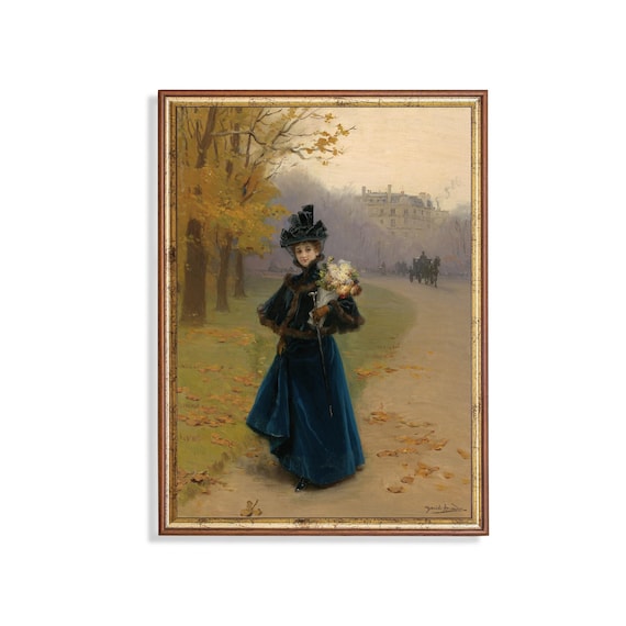 Elegant Lady Blue Velvet Dress Bouquet Autumn Paris Park Art Poster