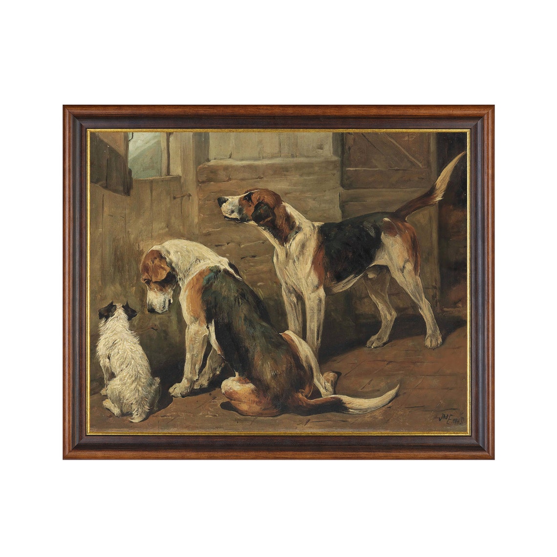 Two Foxhounds and Terrier in Stable Antique Dog Painting Poster