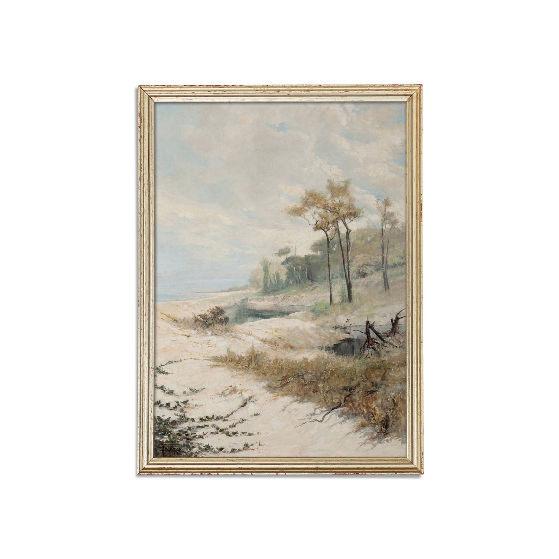 Misty Beach Dunes with Pine Trees Serene Vintage Landscape Poster - Image 4