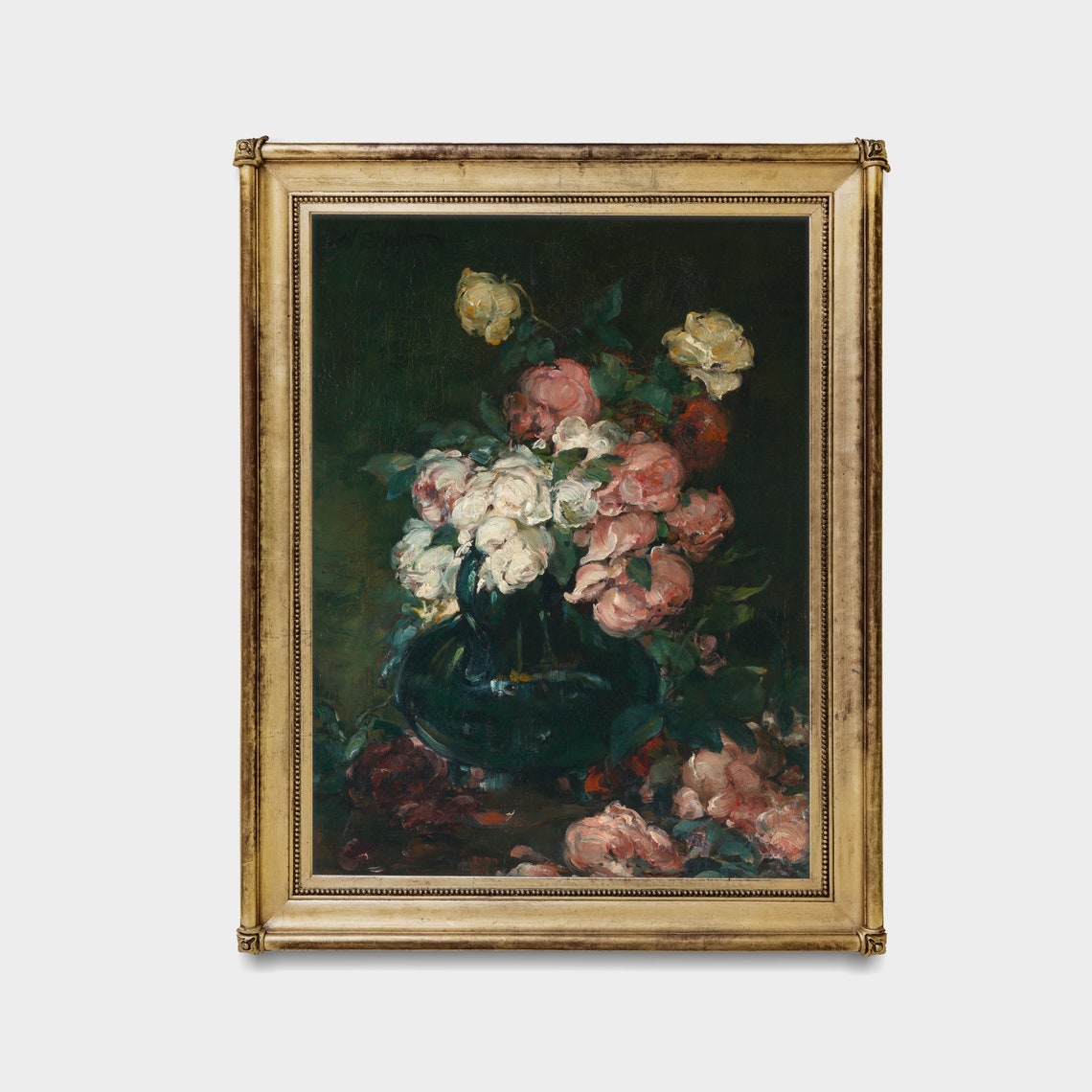 Moody Pink and White Roses in a Dark Vase Still Life Oil Poster - Image 3