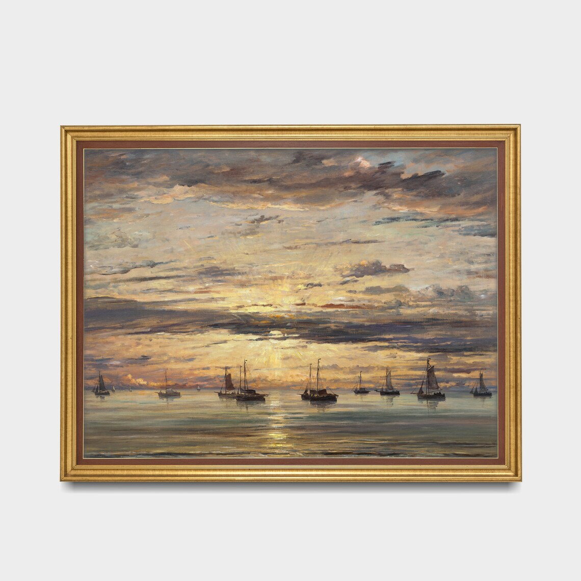 Fishing Fleet at Sunset on a Calm Golden Sea Seascape Poster - Image 3
