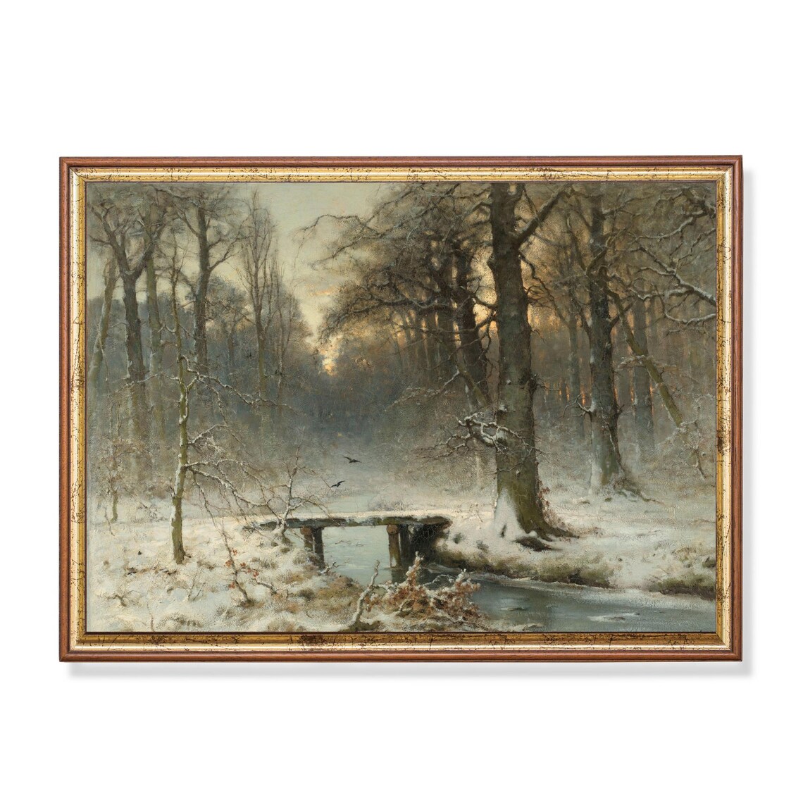 Snowy Forest with a Wooden Bridge Over a Stream Vintage Winter Poster