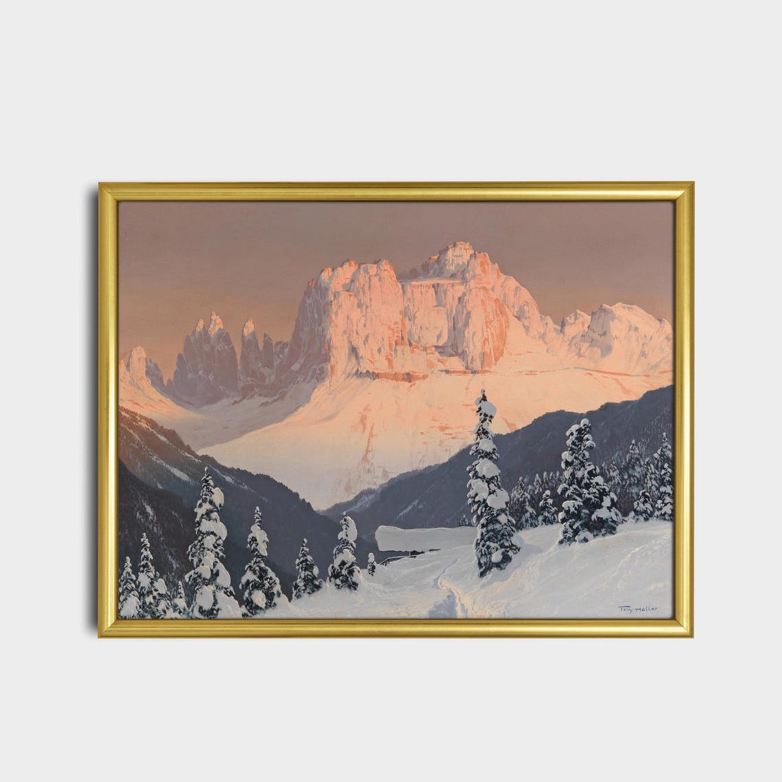 Pink Sunset Over Snowy Alpine Mountain Peaks Vintage Art Poster - Image 2