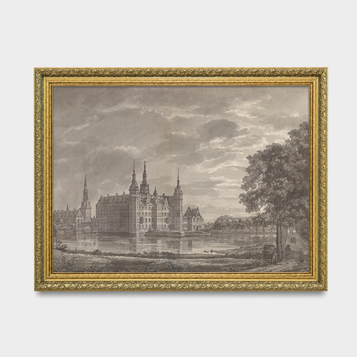 Grand Moated Renaissance Castle Reflected in Water Vintage Poster - Image 2