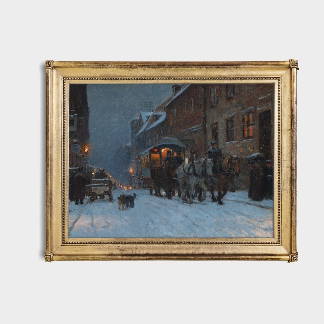 Antique Snowy Night Street With Horse Tram Painting Wall Poster - Image 4