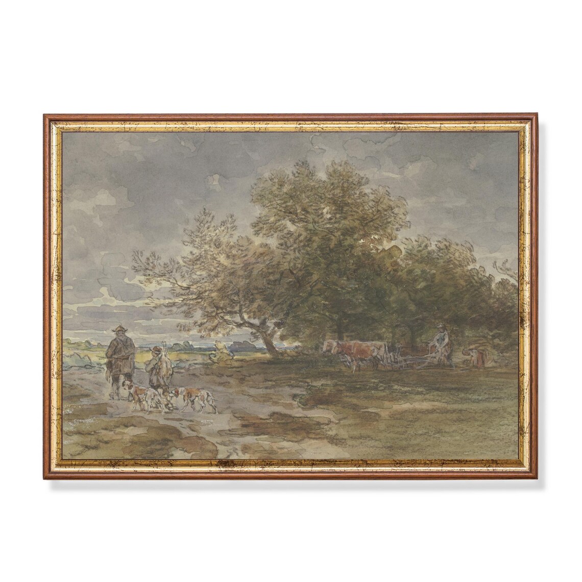 Countryside Plow Team With Figures And Dogs Vintage Art Poster