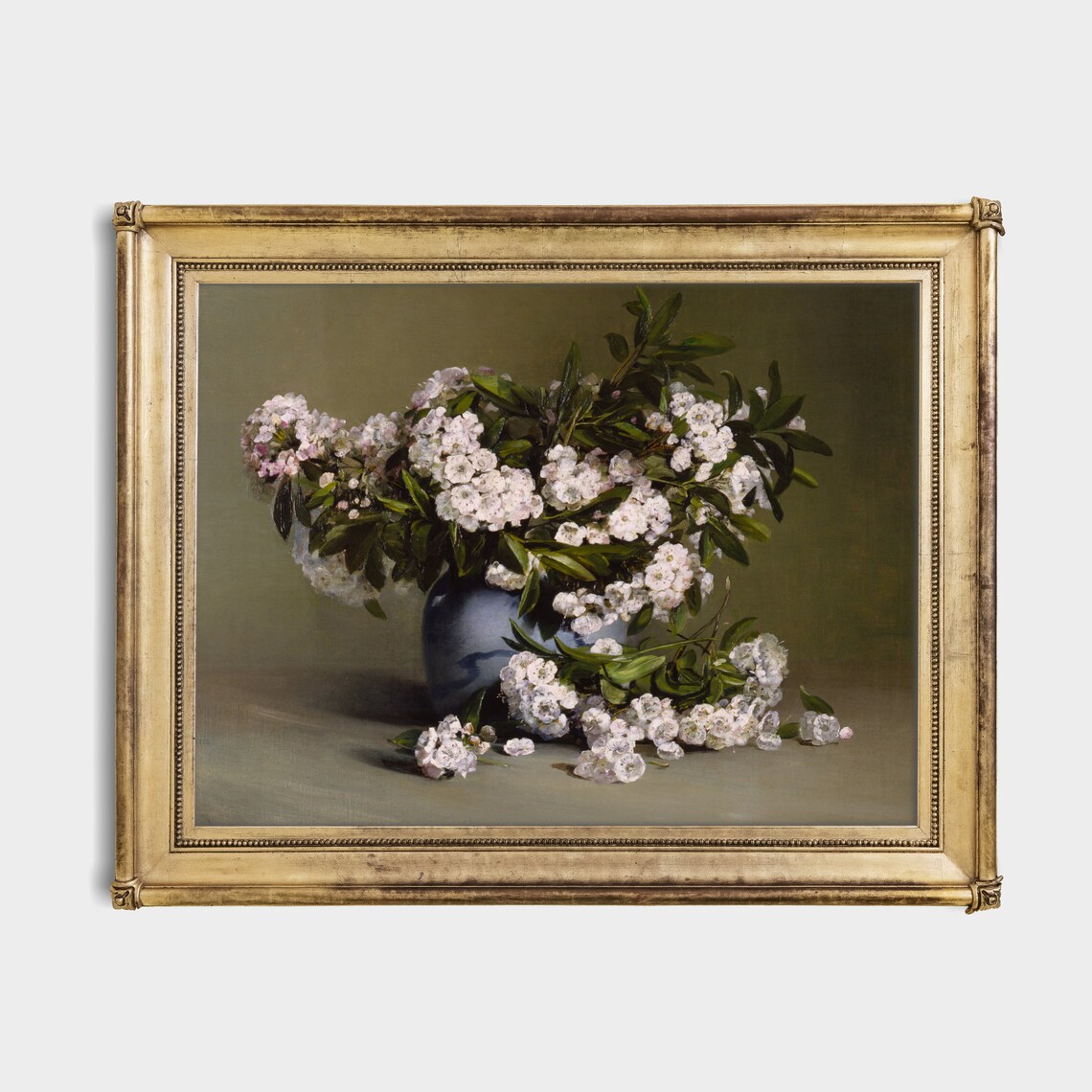 White Blossoms in Blue Vase Vintage Floral Still Life Poster - Image 2