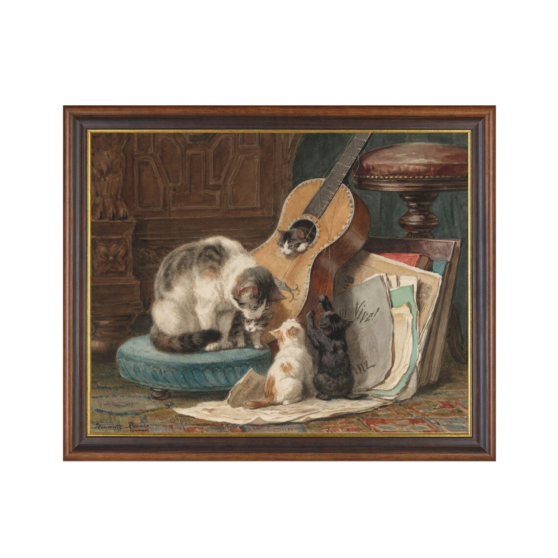 Vintage Mother Cat Kittens Playing Guitar Sheet Music Oil Painting Poster