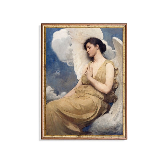 Vintage Portrait Painting Antique Woman Portrait Rustic Moody Angel Print Wall Art 19th Century Art