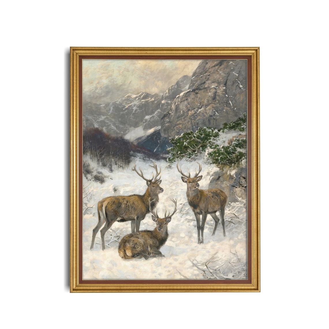 Three Stags in Deep Snow Beneath Alpine Cliffs Winter Wildlife Poster - Image 3