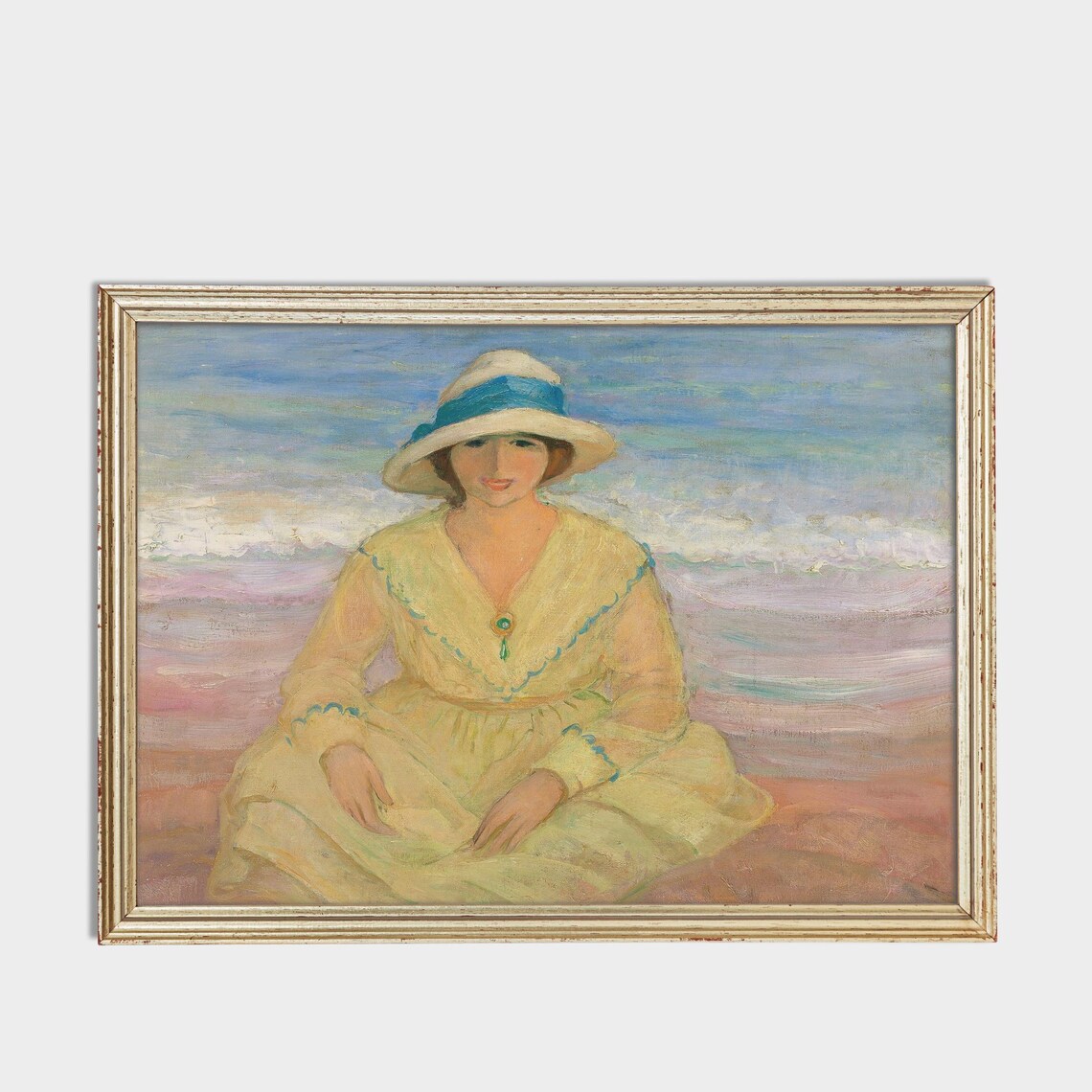 Woman White Sunhat Yellow Dress Sitting Beach Impressionist Art Poster - Image 3