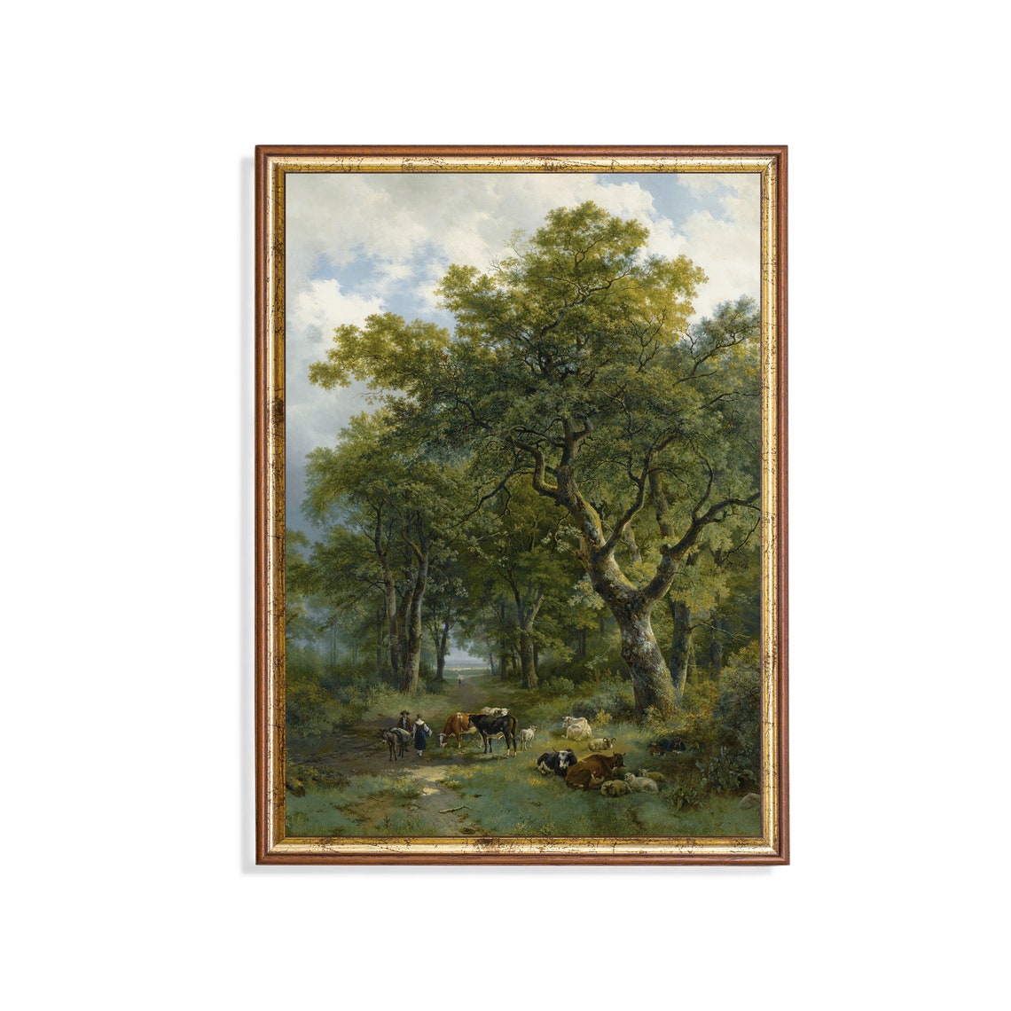 Cows Resting in Forest Vertical Vintage Pastoral Woodland Art Poster
