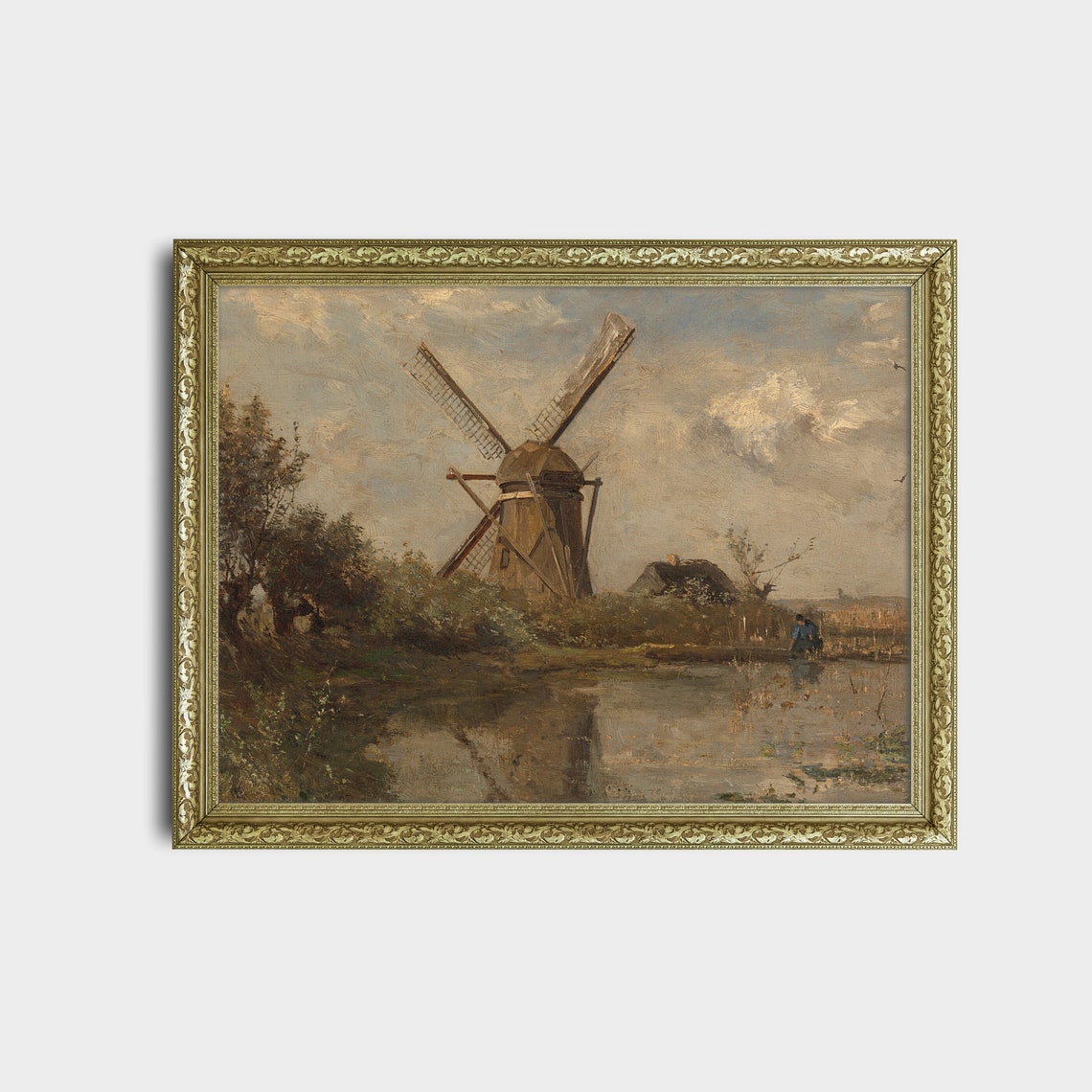 Vintage Landscape Painting Antique Windmill On A Pond Farmhouse Decor Wall Art Moody Rustic Fine Art - Image 2