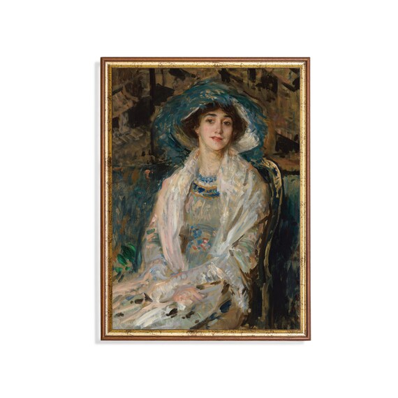 Young Woman in Feathered Blue Hat Impressionist Portrait Poster