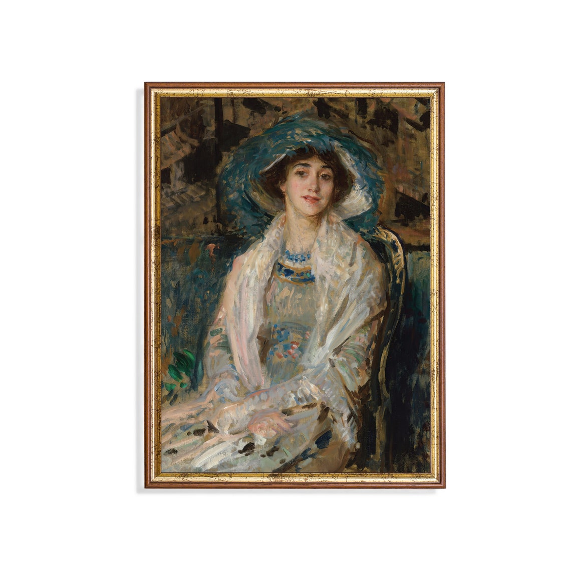 Young Woman in Feathered Blue Hat Impressionist Portrait Poster