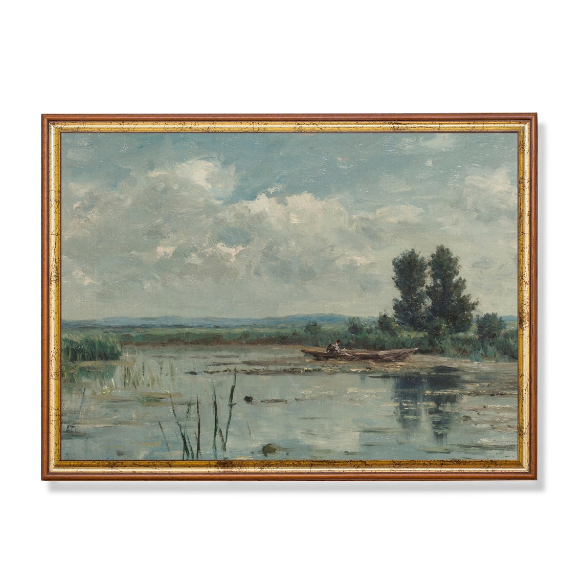 Fisherman in Canoe Wide Marsh Tall Poplars Vintage Landscape Poster