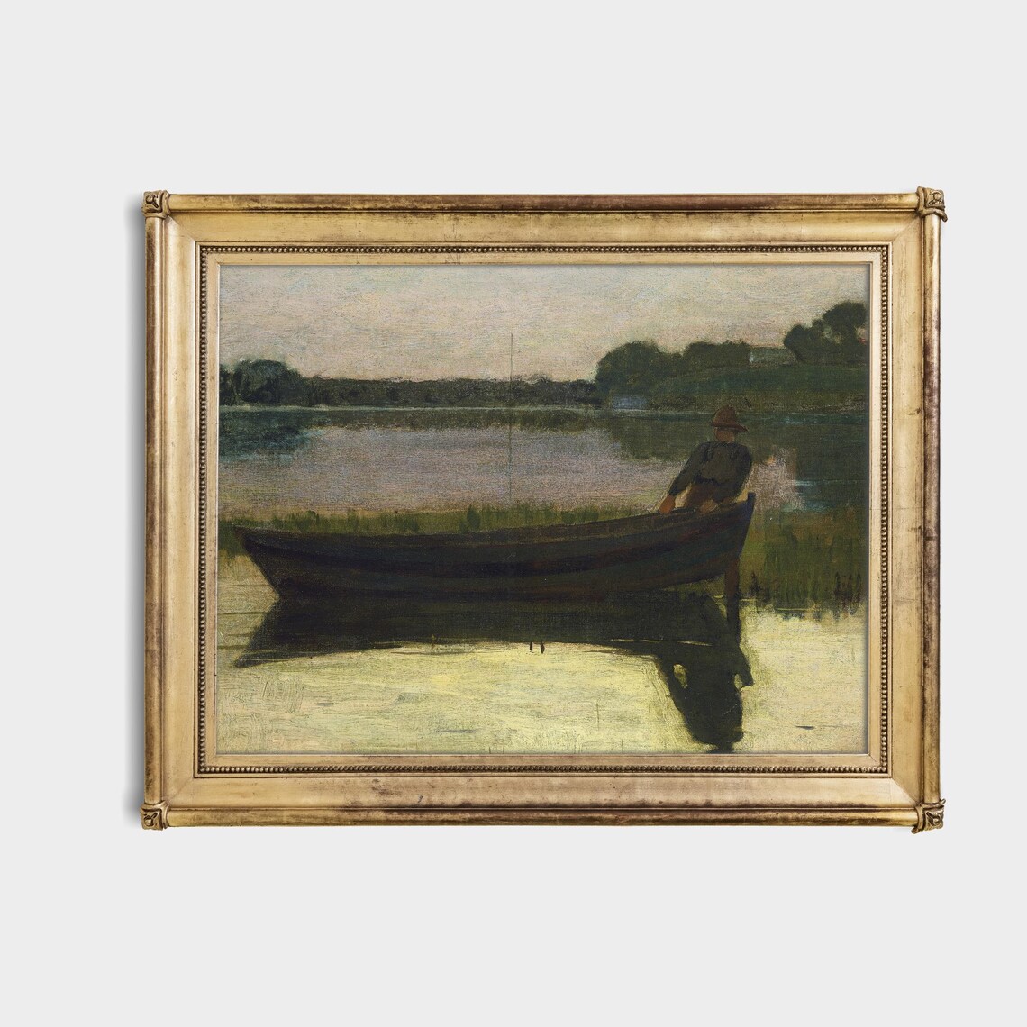 Lone Fisherman In A Rowboat On A Calm Lake Vintage Art Poster - Image 4
