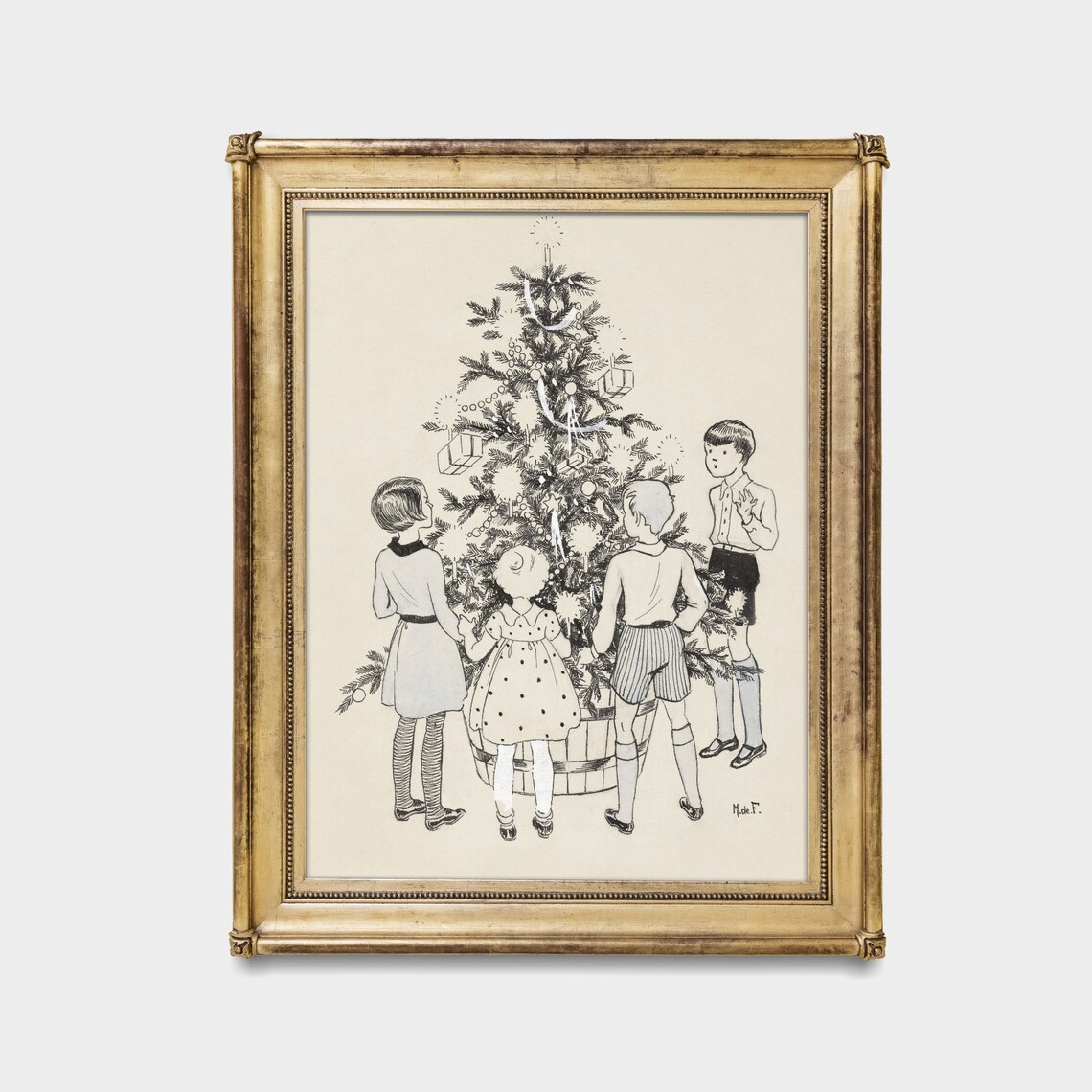 Children Around Christmas Tree Vintage Sketch Drawing Poster - Image 3