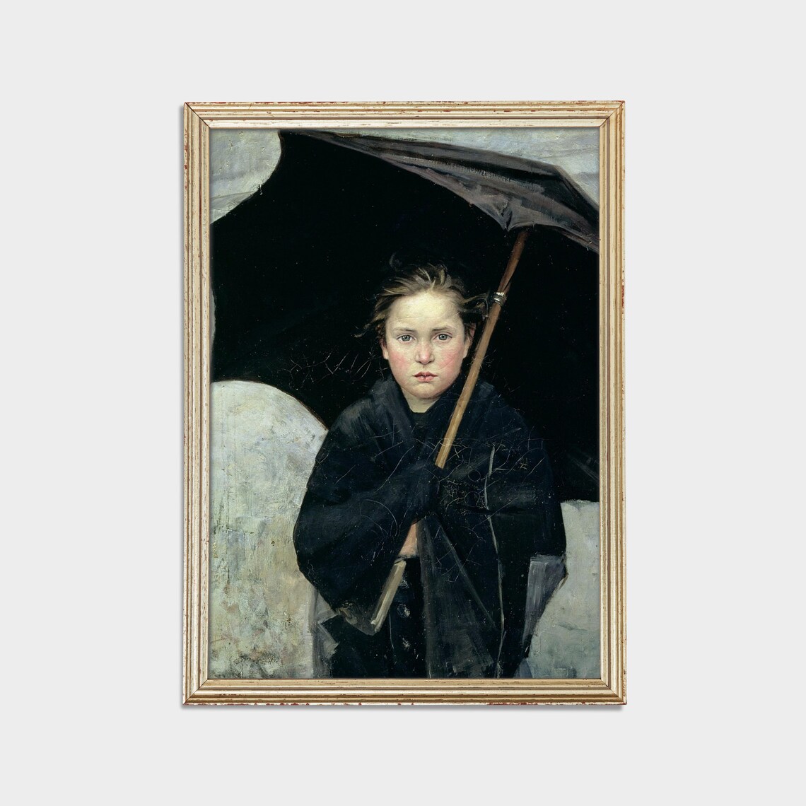 Solemn Girl with a Black Umbrella in a Dark Coat Portrait Poster - Image 2