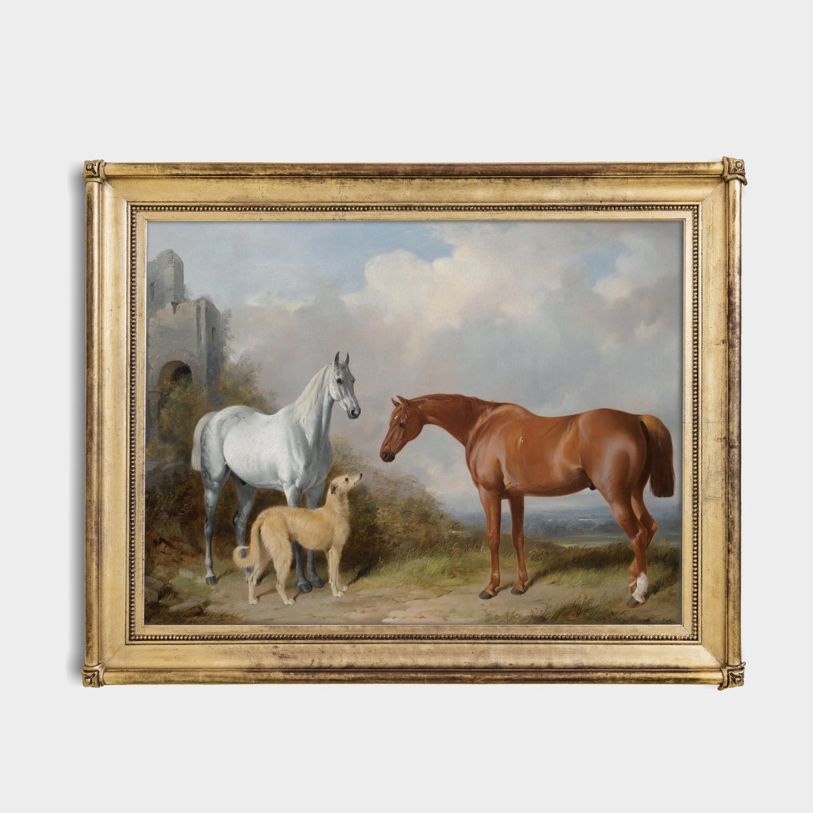 Two Horses and a Shaggy Dog Standing Before a Ruined Castle Poster - Image 4