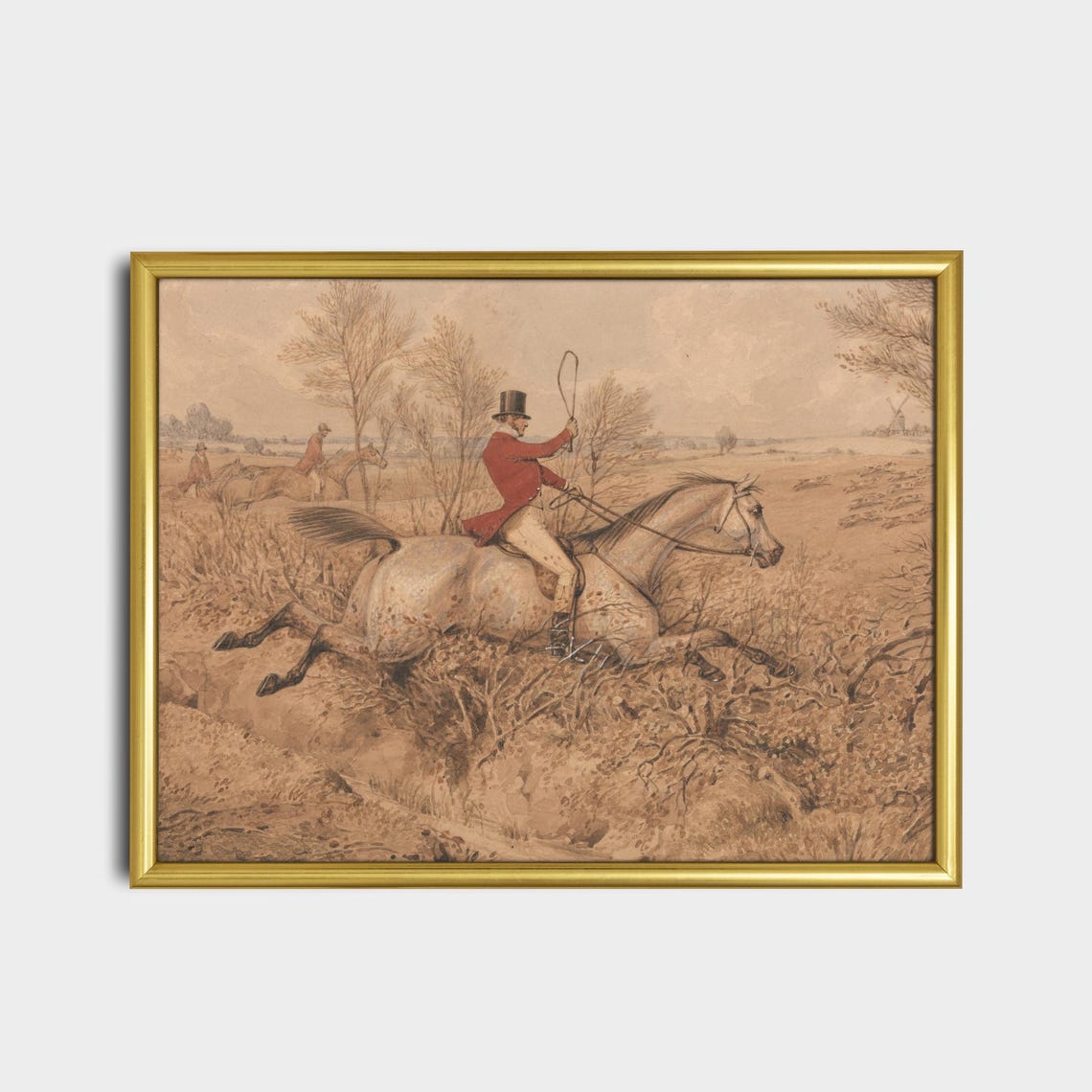 Fox Hunter in Red Coat Jumping Ditch Vintage Equestrian Poster - Image 2