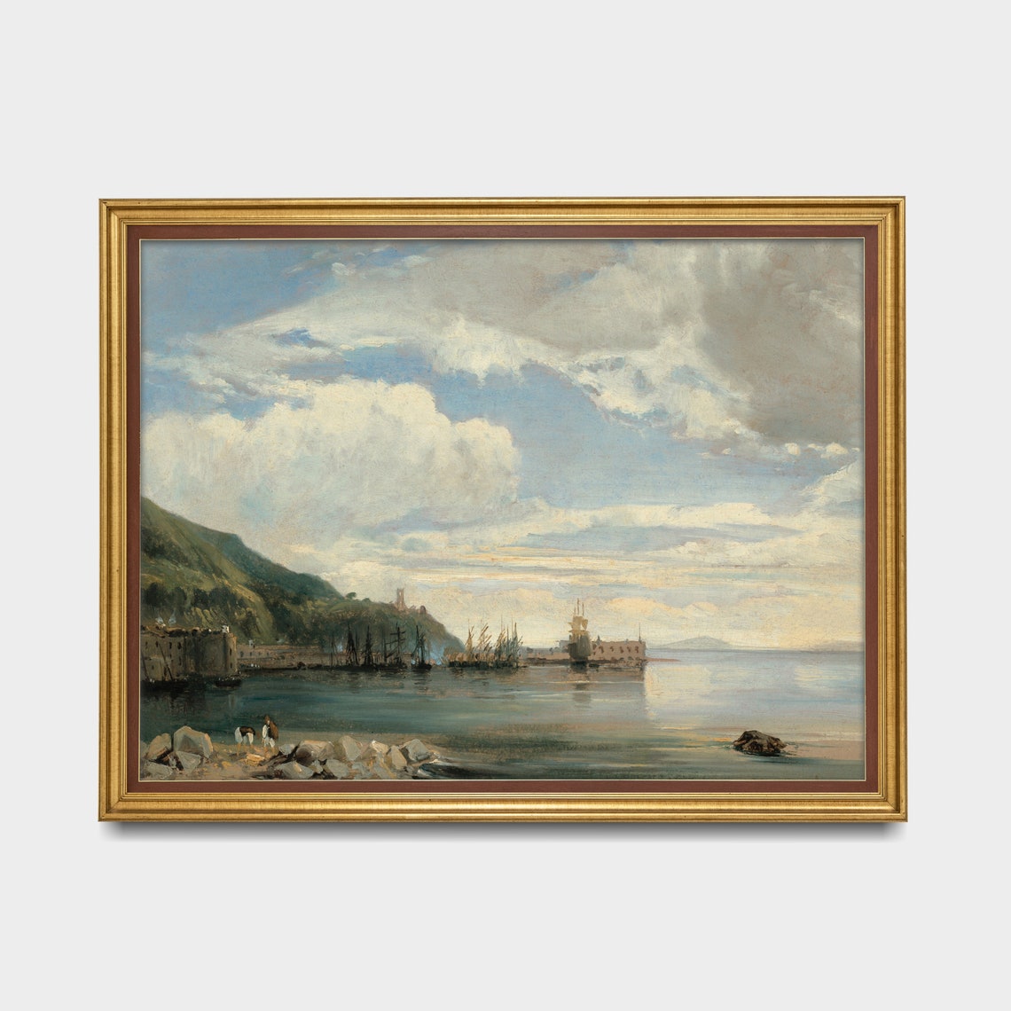 Tranquil Harbor Town with Anchored Boats Beneath Green Hills Poster - Image 5