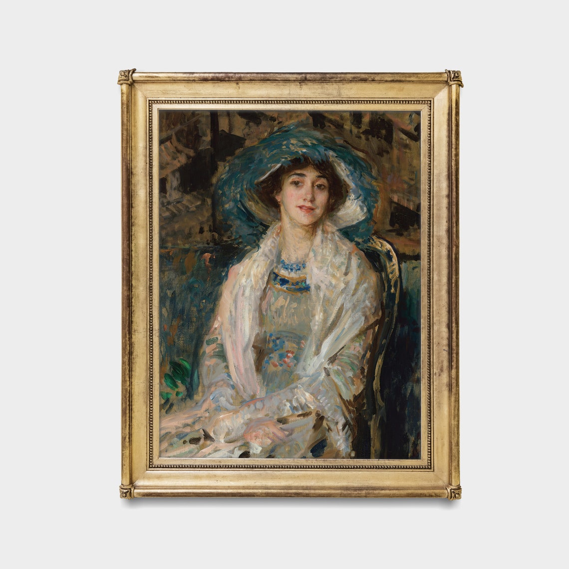 Young Woman in Feathered Blue Hat Impressionist Portrait Poster - Image 4