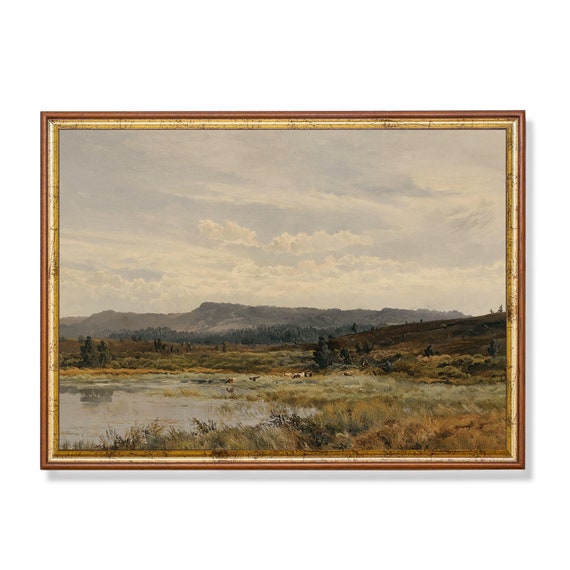 Vintage Landscape Painting Antique Country Landscape Wall Art Farmhouse Decor Mountain Valley Print