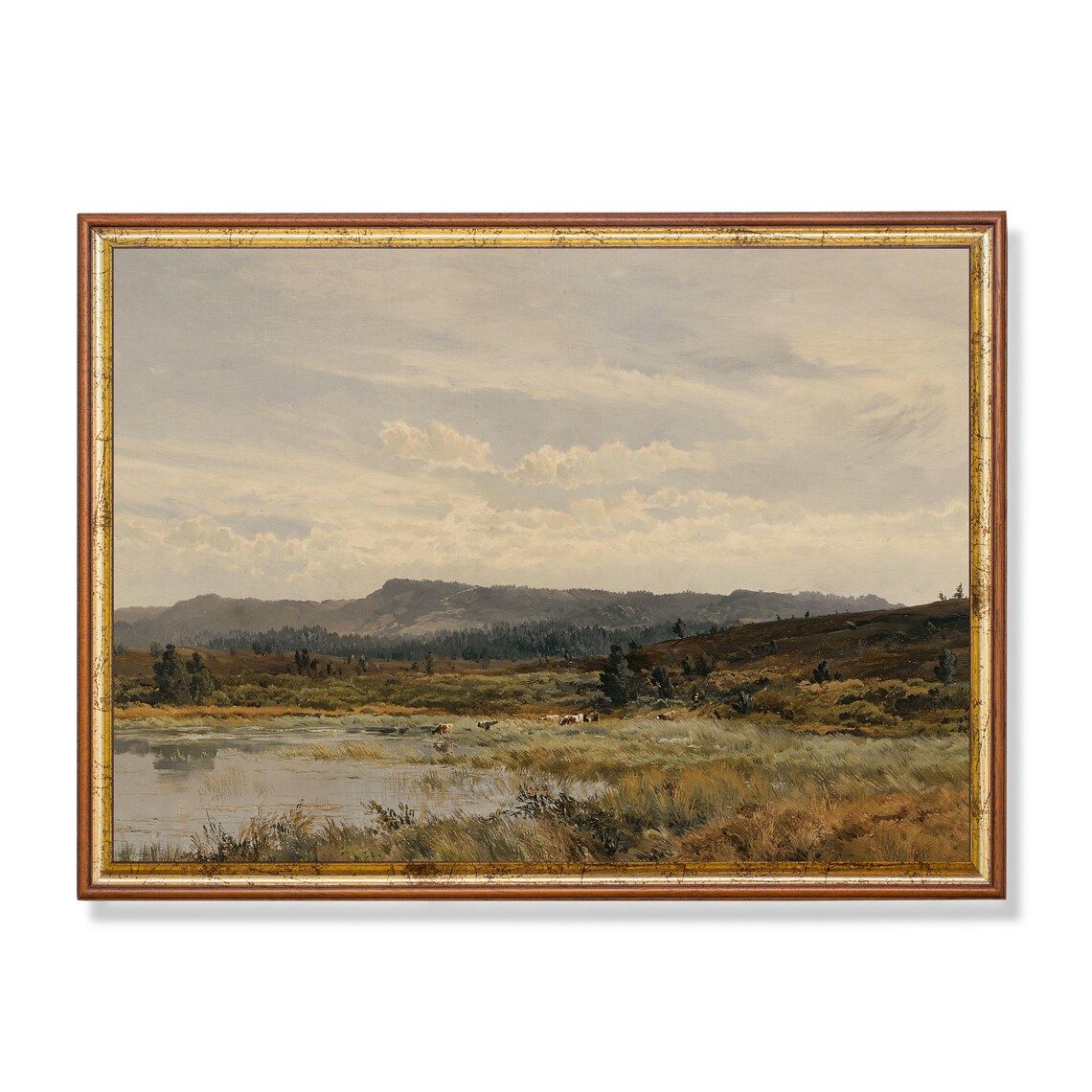 Marshland Pond with Distant Hills Antique Landscape Painting Poster