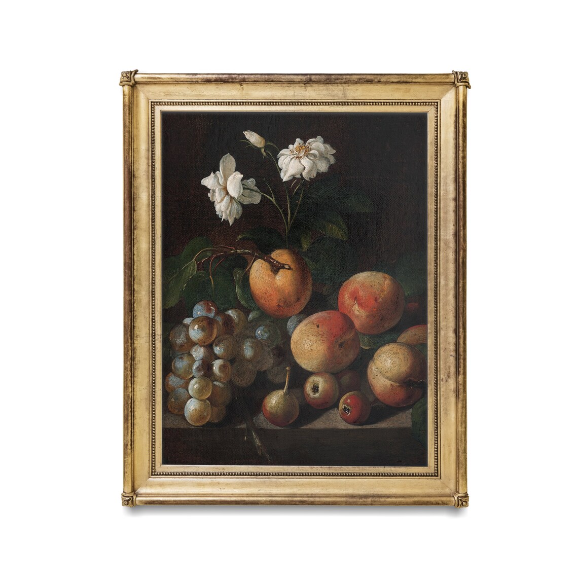 Old Master Still Life of Fruit and White Roses Moody Wall Art - Image 2