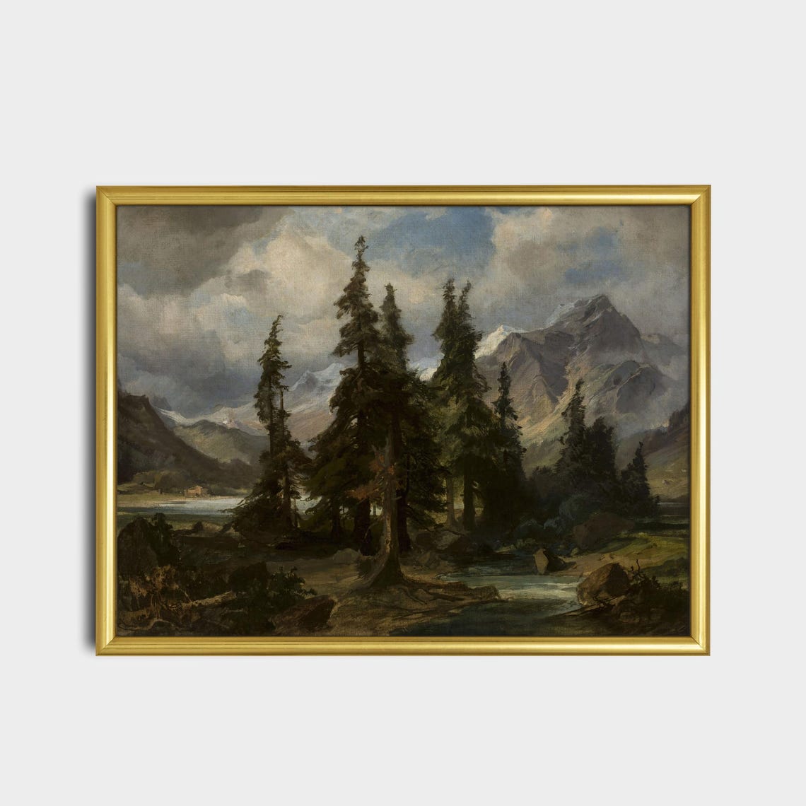 Alpine Pines with Stormy Mountain Peaks Vintage Landscape Poster - Image 2