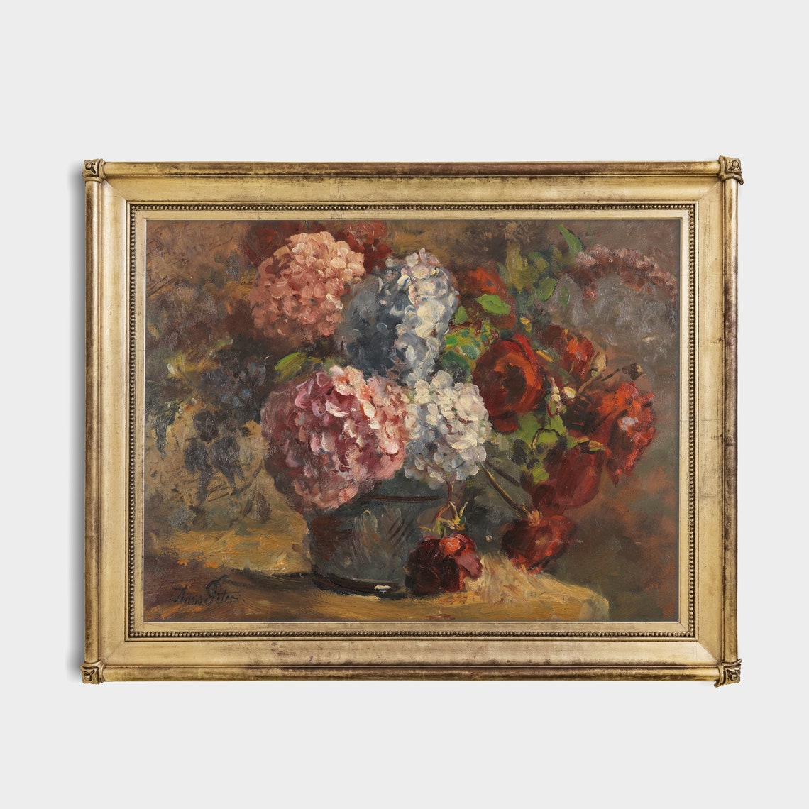 Vintage Still Life With Flowers Antique Floral Painting Moody Rustic Hydrangeas And Roses Art Wall Art - Image 4