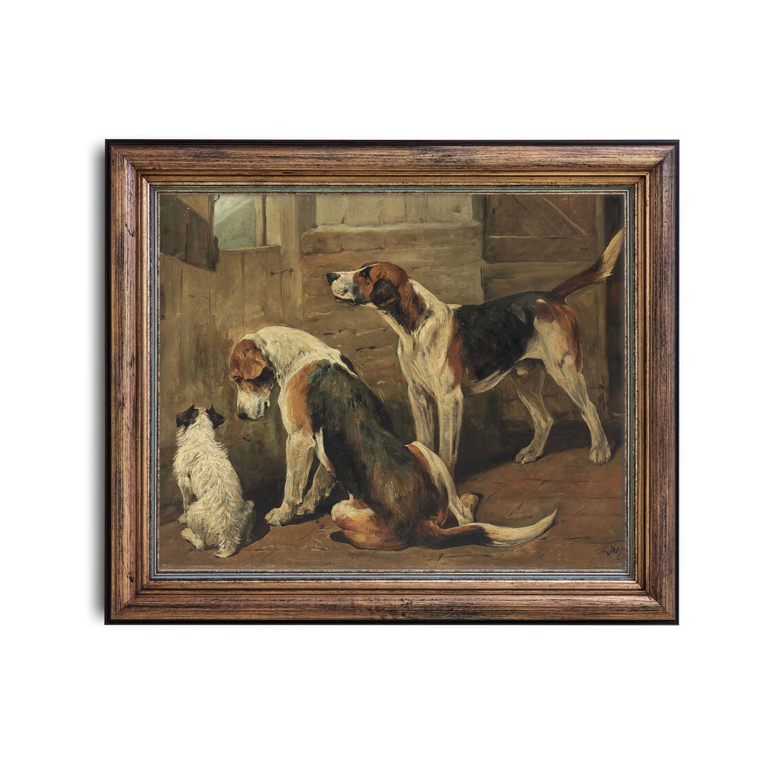 Two Foxhounds and Terrier in Stable Antique Dog Painting Poster - Image 2