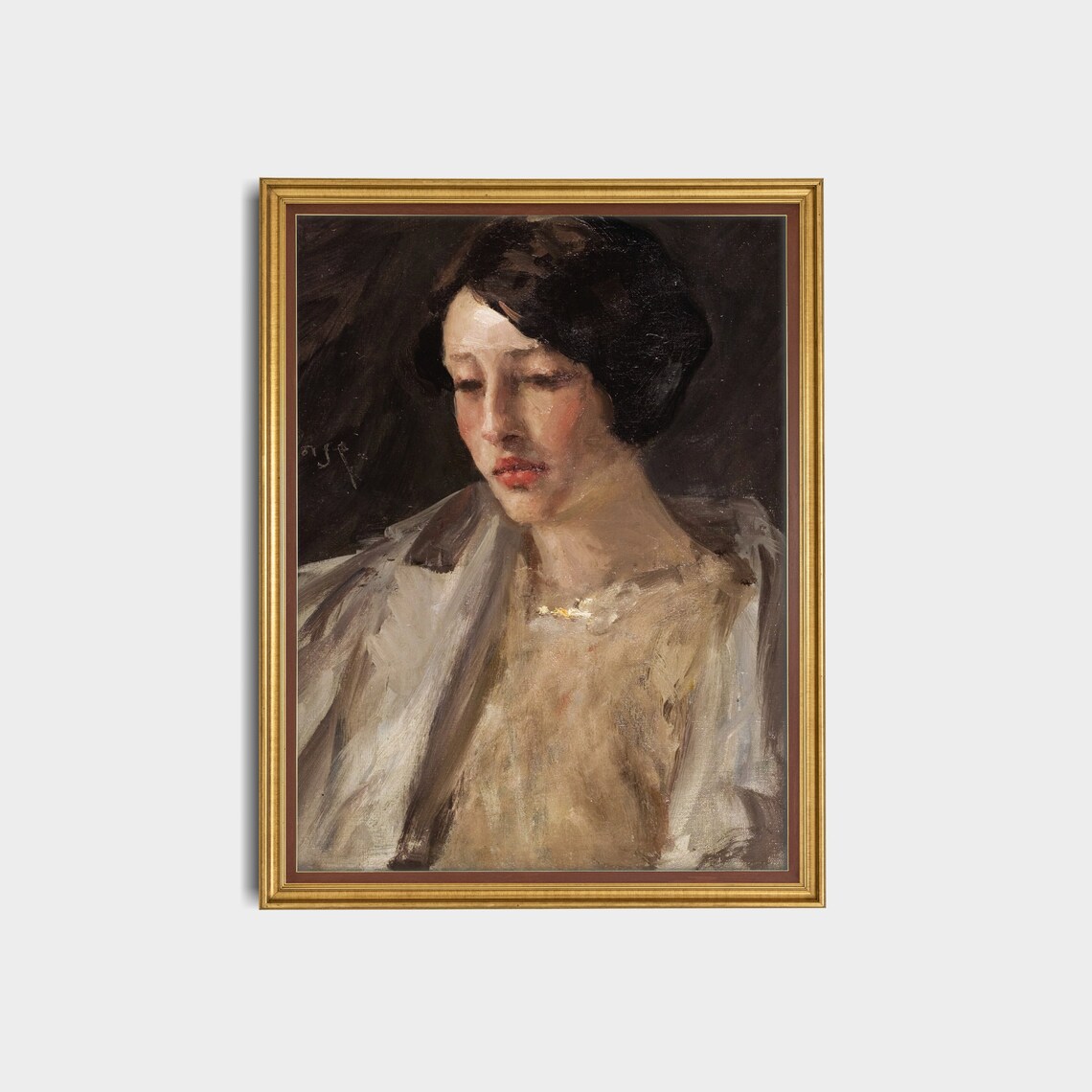 Dark Haired Woman Downcast Moody Antique Oil Portrait Poster - Image 2