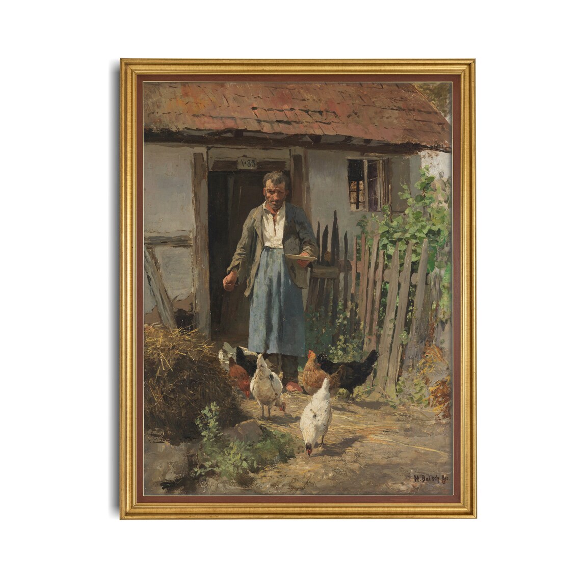 Farmer Feeding Chickens Outside a Farmhouse Door Vintage Poster - Image 2