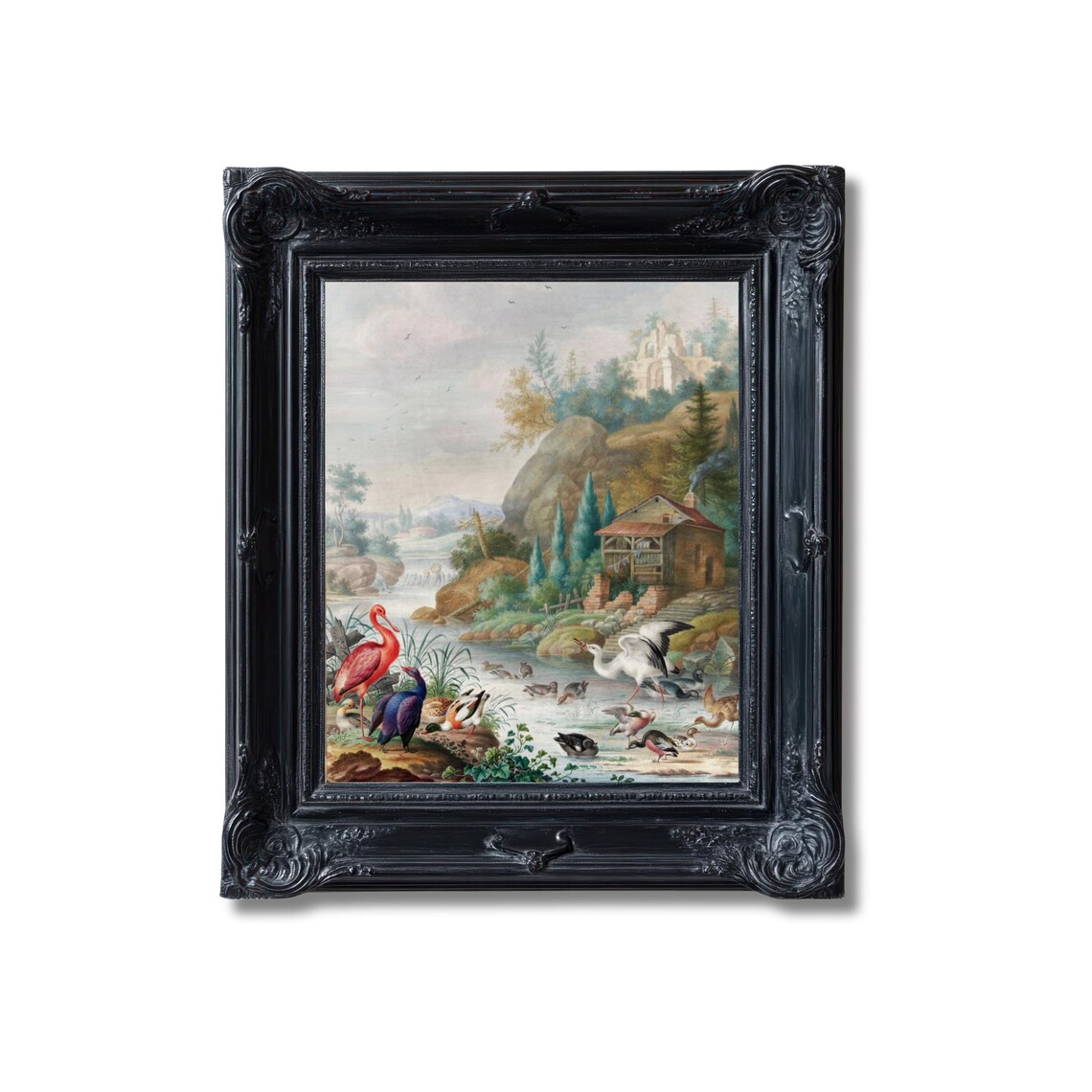 Antique Ornithology Flamingo Heron Ducks Waterfowl Pond Scene Poster - Image 4