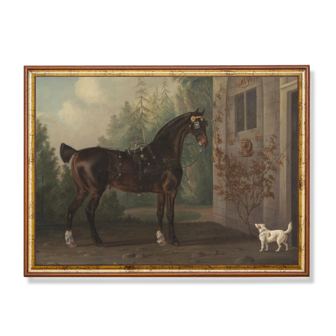 Harnessed Hunter Horse with Terrier Dog Antique Equestrian Poster