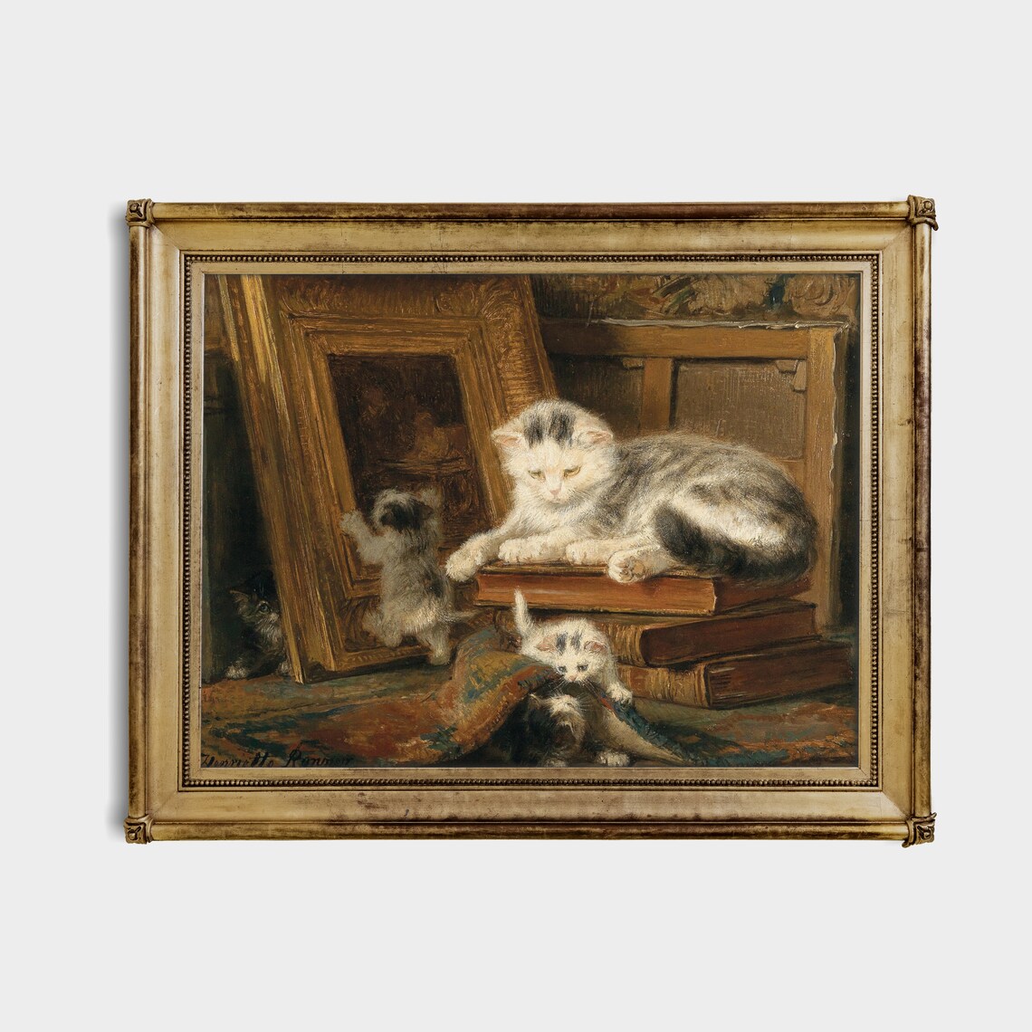 Mother Cat and Kittens Playing with Books and a Frame Poster - Image 4